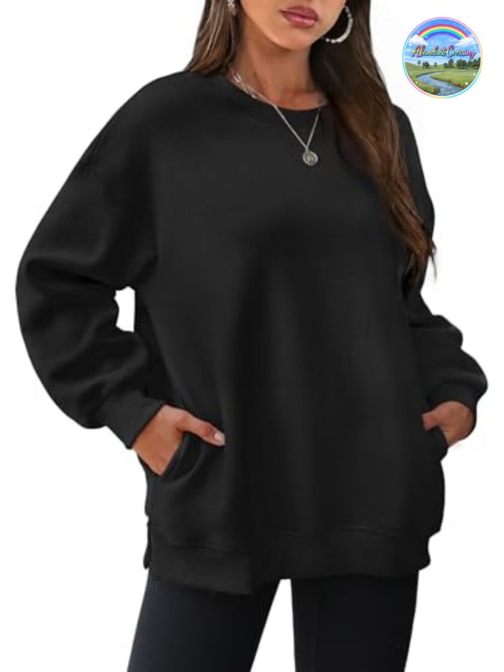 Oversized Fleece Sweatshirt Loose Crewneck Pullover Side Slits Hidden Pockets